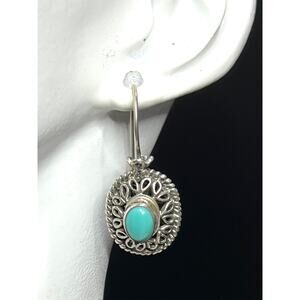 Vintage Sterling Silver Turquoise Filigree Dangle Oval Cabochon Boho Earrings